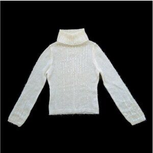 Vintage Y2K Mohair Fuzzy Sequins Turtleneck Sweater M Ivory Moda International
